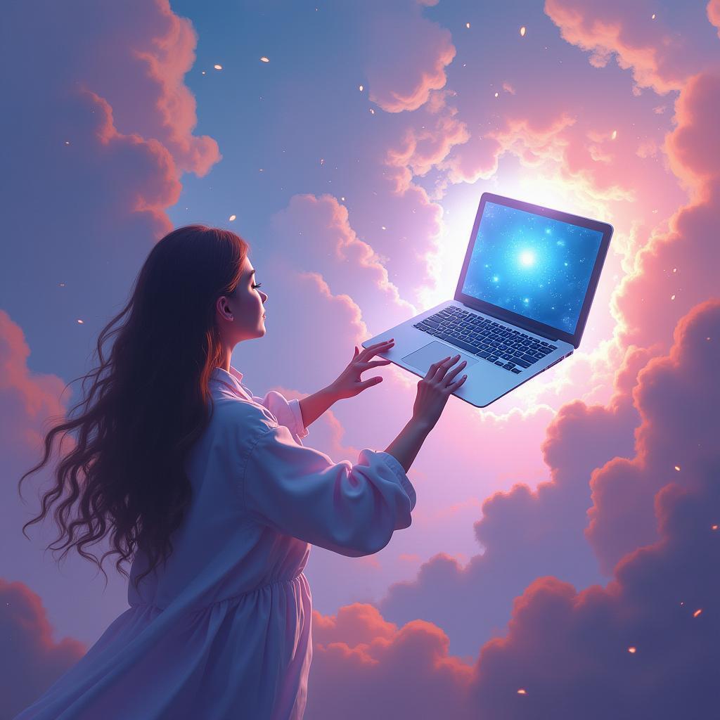 Dreamer Reaching for a Floating Ethereal Laptop