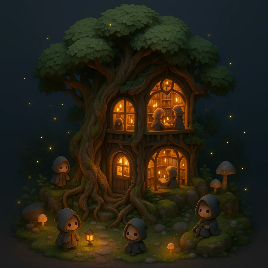 3D Chibi-style Miniature of a Mystical Library