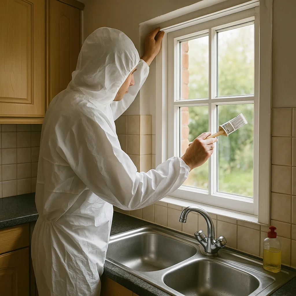 Person Wearing a White Protective Suit Paints a Window Frame