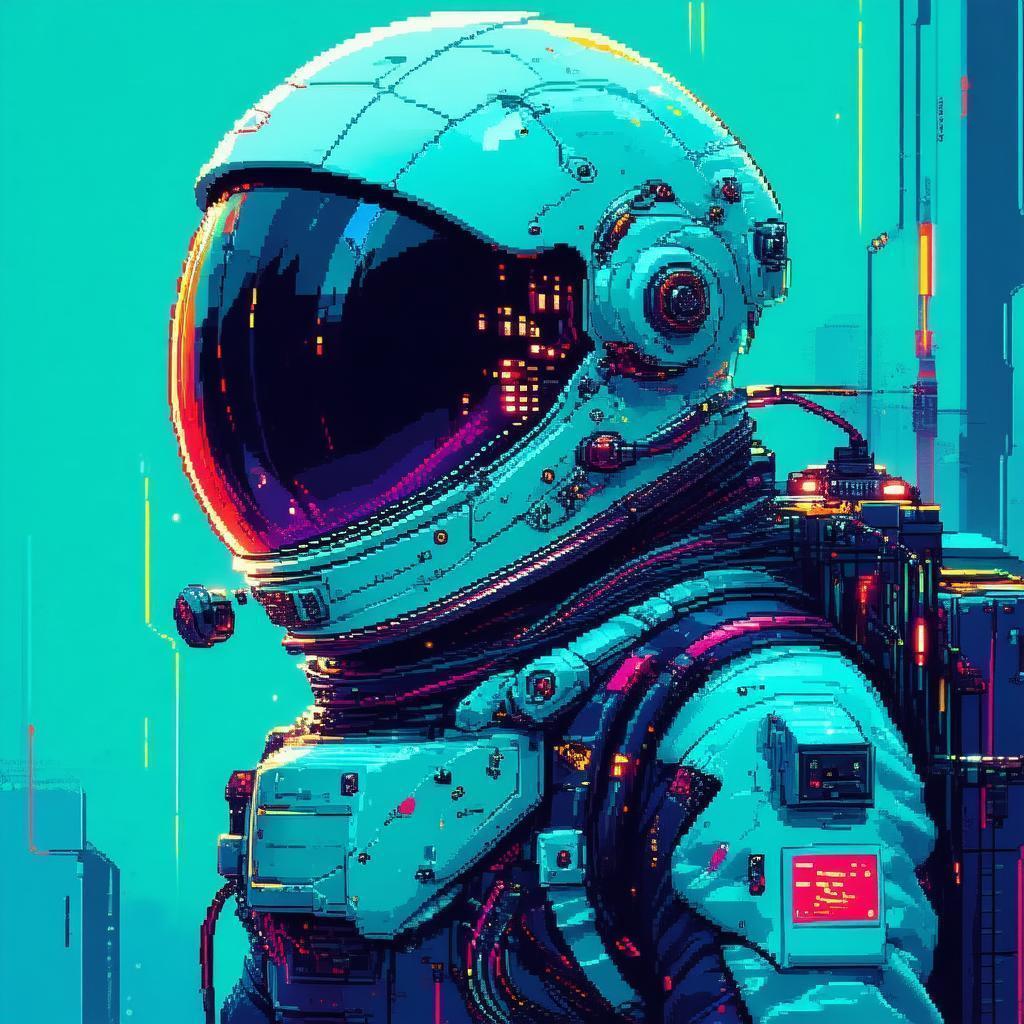 Chiptune Cosmonaut Portrait in Retro Futuristic Pixels