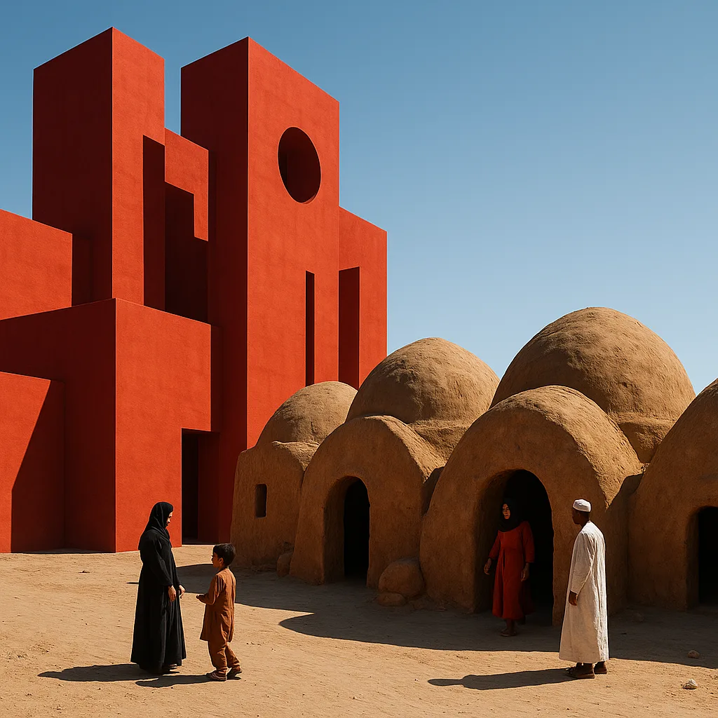 Juxtaposition of Modern Red Architecture and Traditional Dome-shaped Dwellings