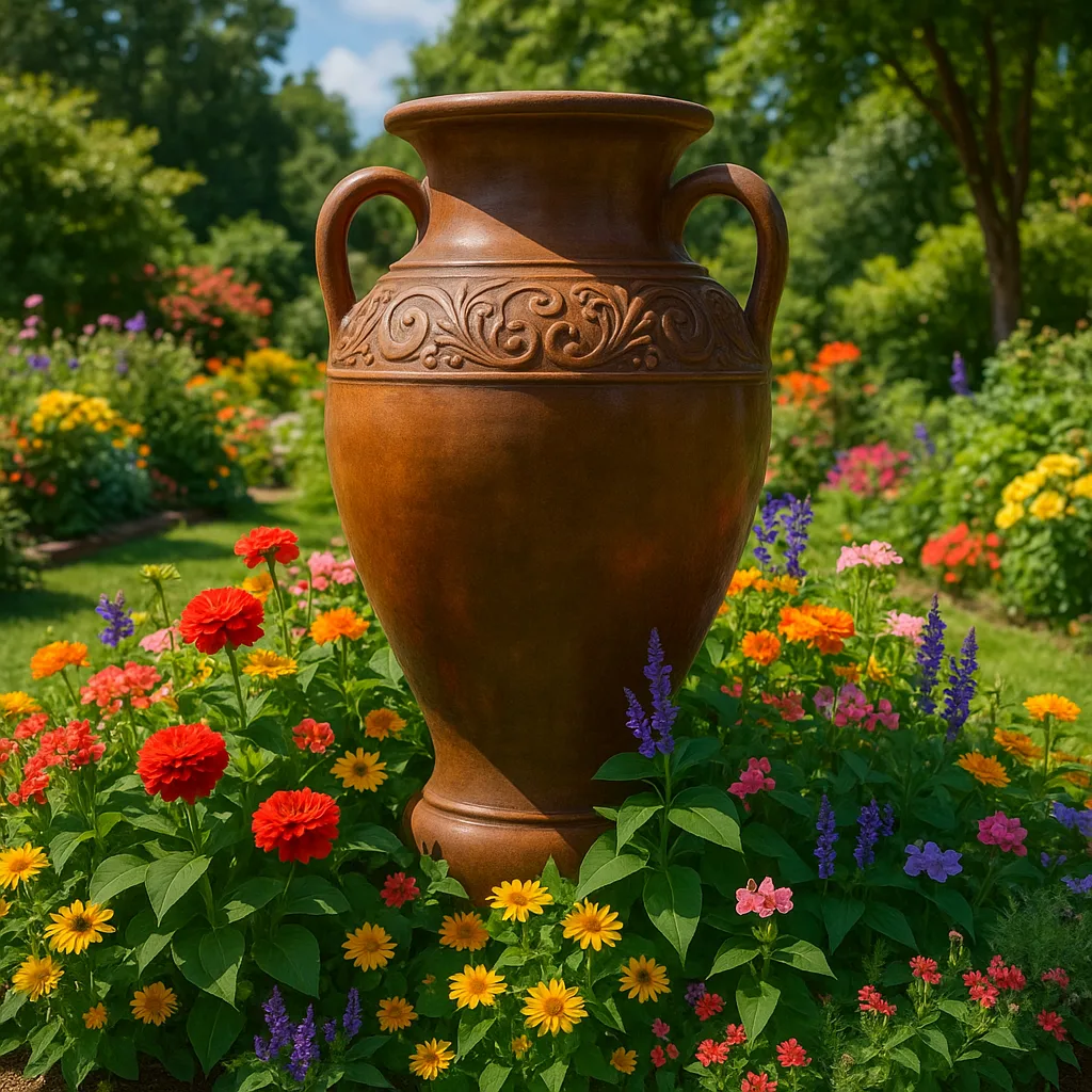 Large Decorative Vase Surrounded by Colorful Flowers