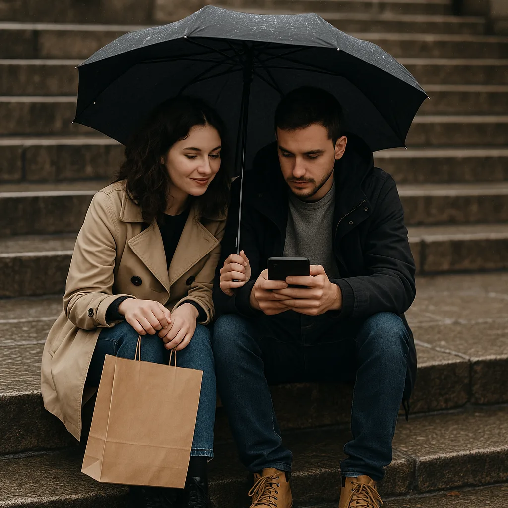 Two People Sitting on Stone Steps under a Black Umbrella