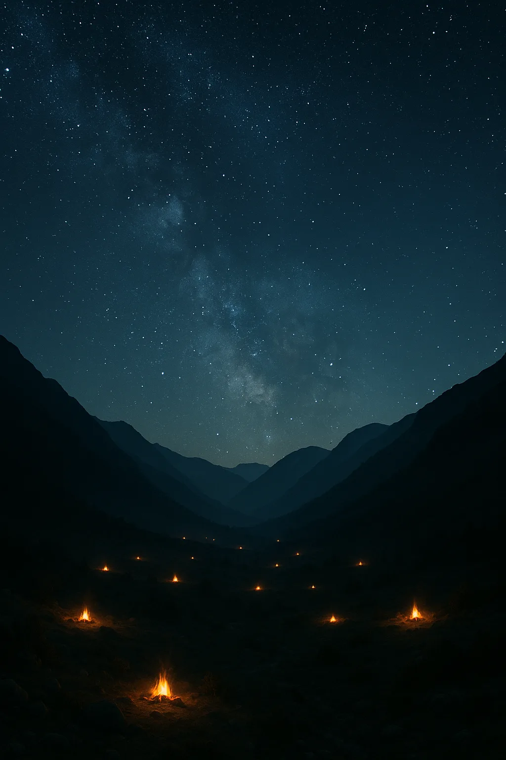 Many Distant Campfires Flicker Like Scattered Embers Across a Vast