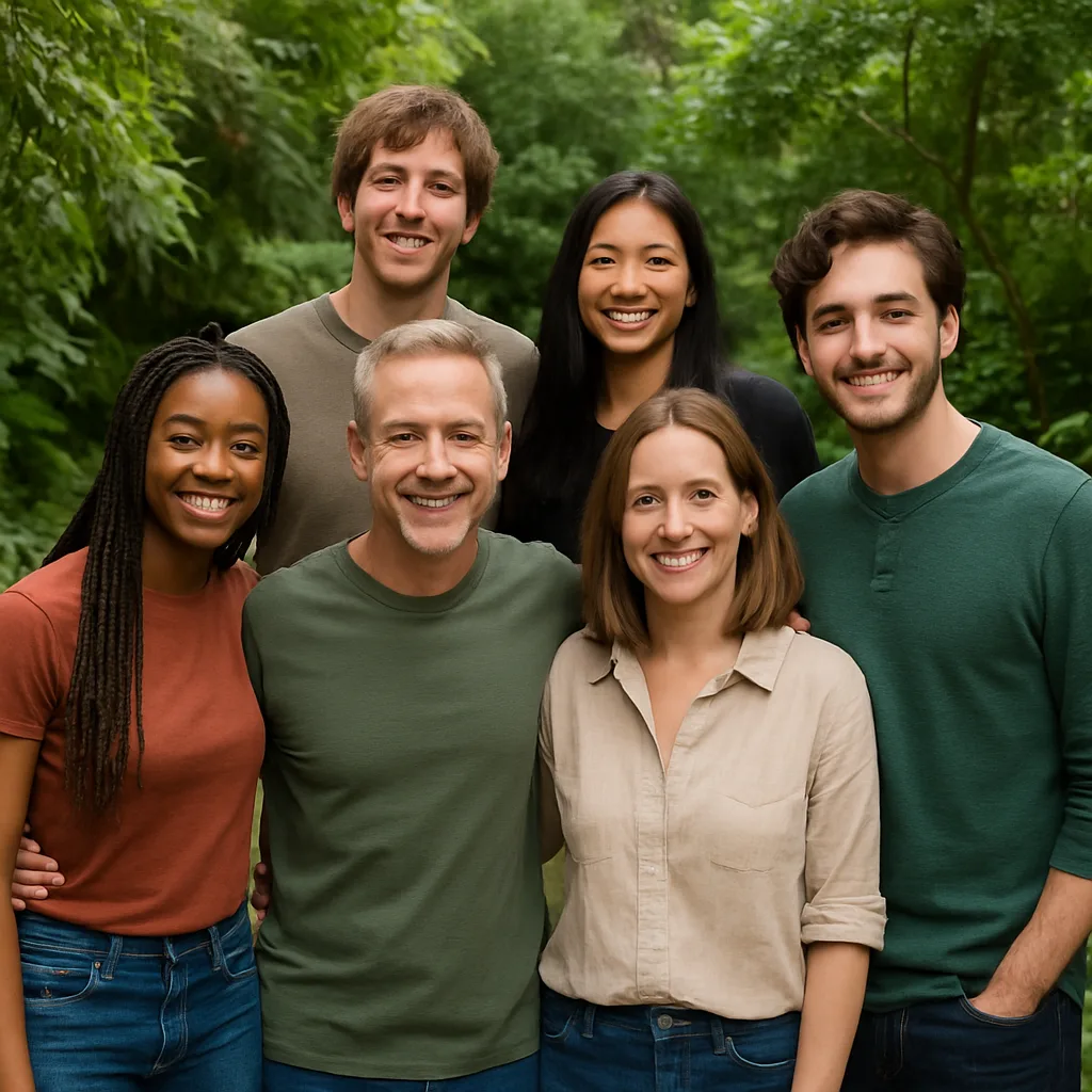 Group of People Poses Together in a Lush Outdoor Garden