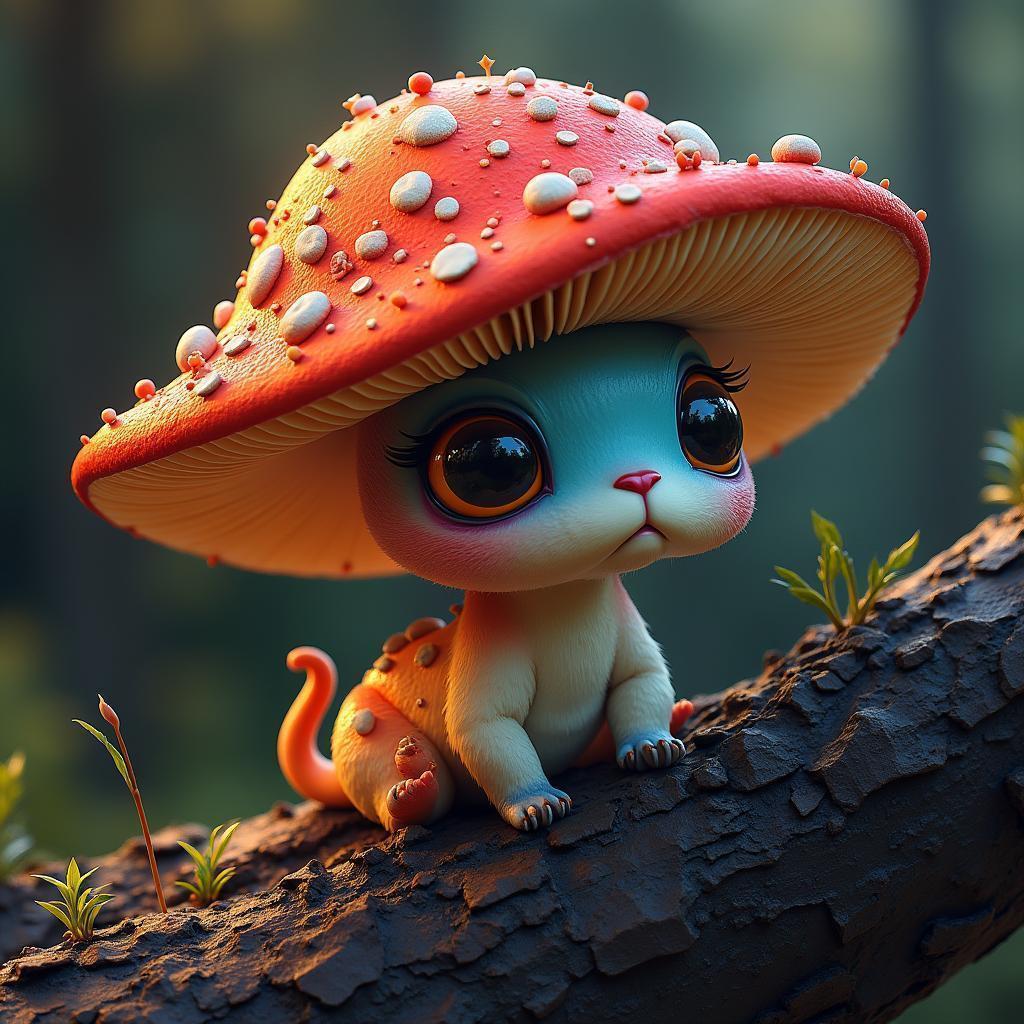 Whimsical Mushroom Creature in Painterly Golden Light