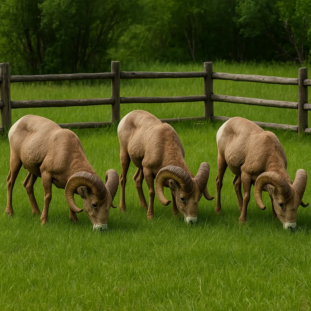 Trio of Bighorn Sheep Is Feeding in a Vibrant