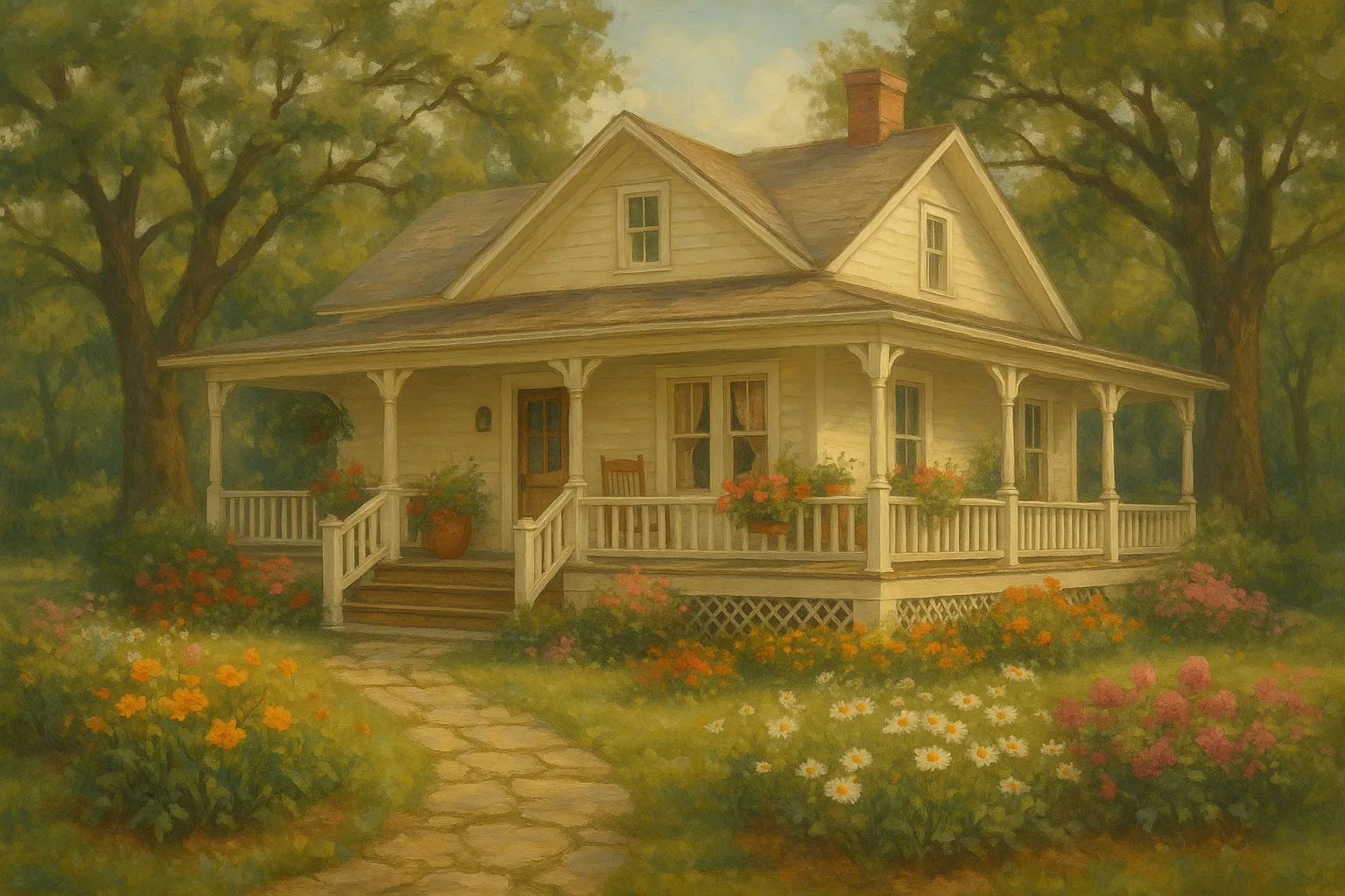 Describe a Tranquil Artwork Showcasing a Charming Farmhouse
