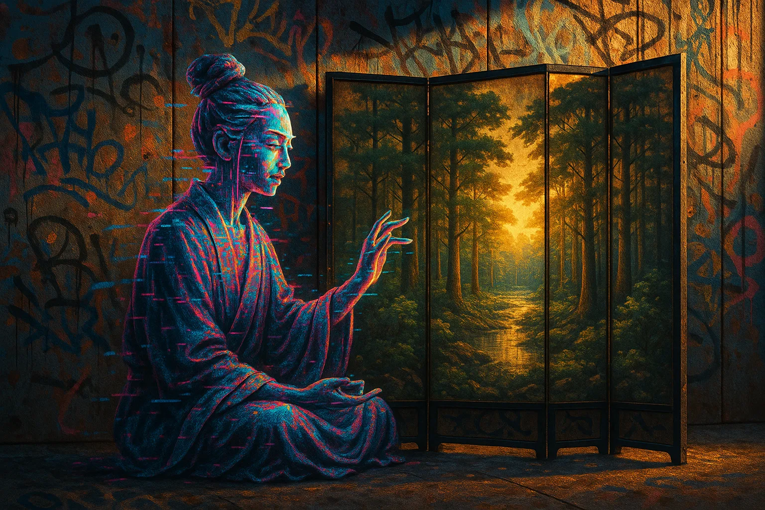 Gracefully Poised Sage in Cyberpunk Glitching Neon Conjures Serene Forest