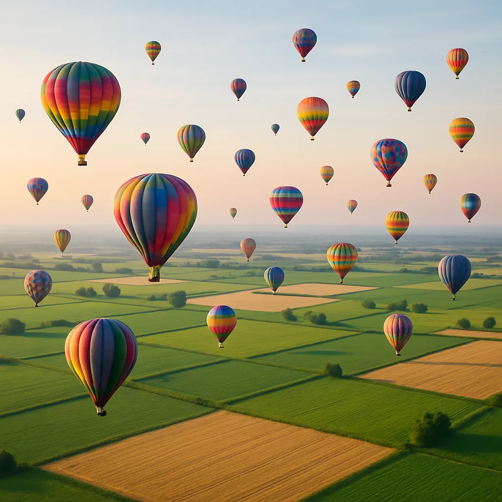 Dozens of Colorful Hot Air Balloons Drift Serenely at Various