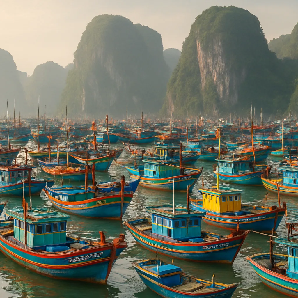Myriad Colorful Fishing Boats Are Densely