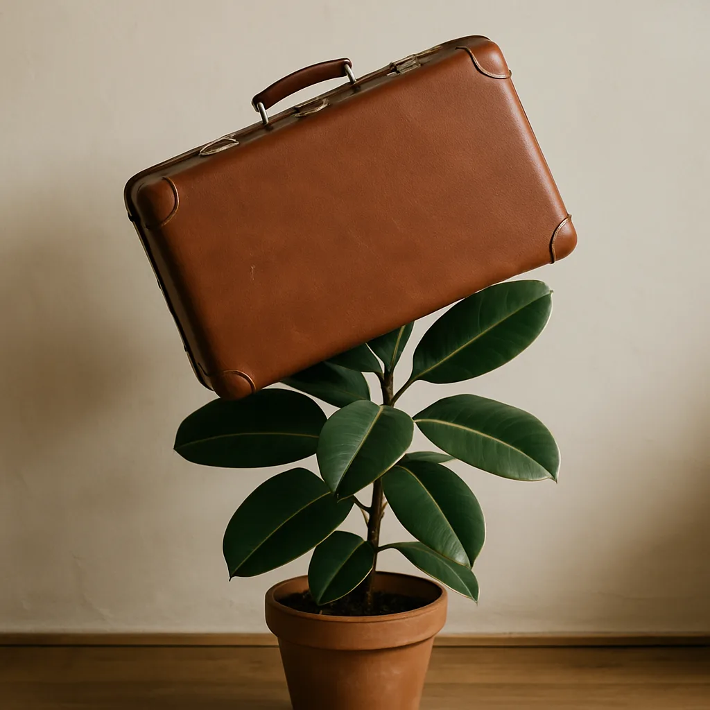 Picture Showing a Potted Plant with a Suitcase