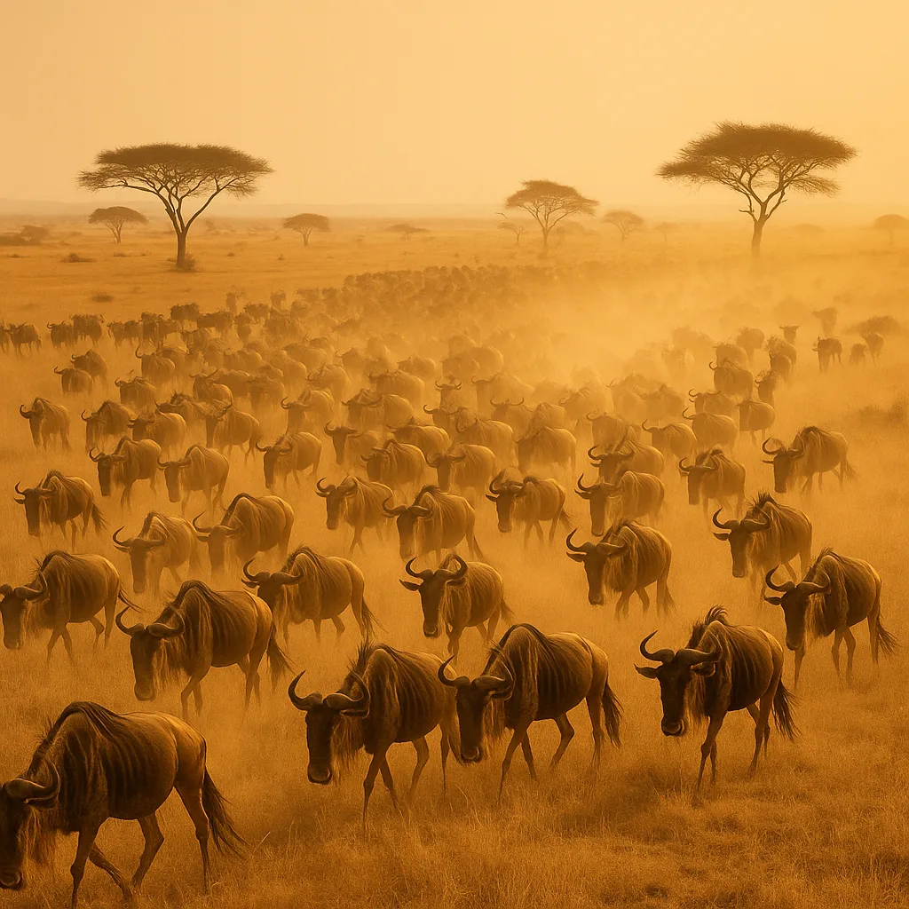 Vast Herd of Wildebeest Creates a Dust Cloud