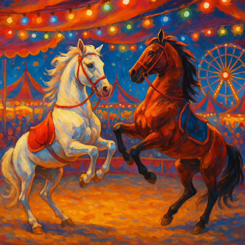 Vibrant Carnival Scene Featuring Two Horses Showcasing their Performance