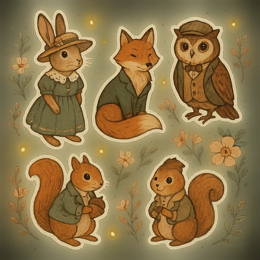 Set of Charming Stickers Showcasing Forest Animals Like Rabbits