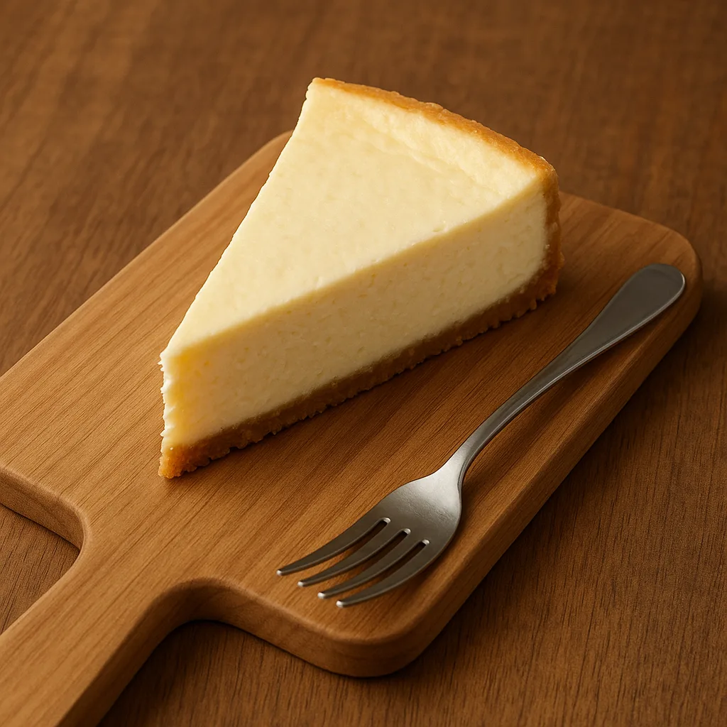Piece of Triangular Cheesecake Resting on a Wooden Board