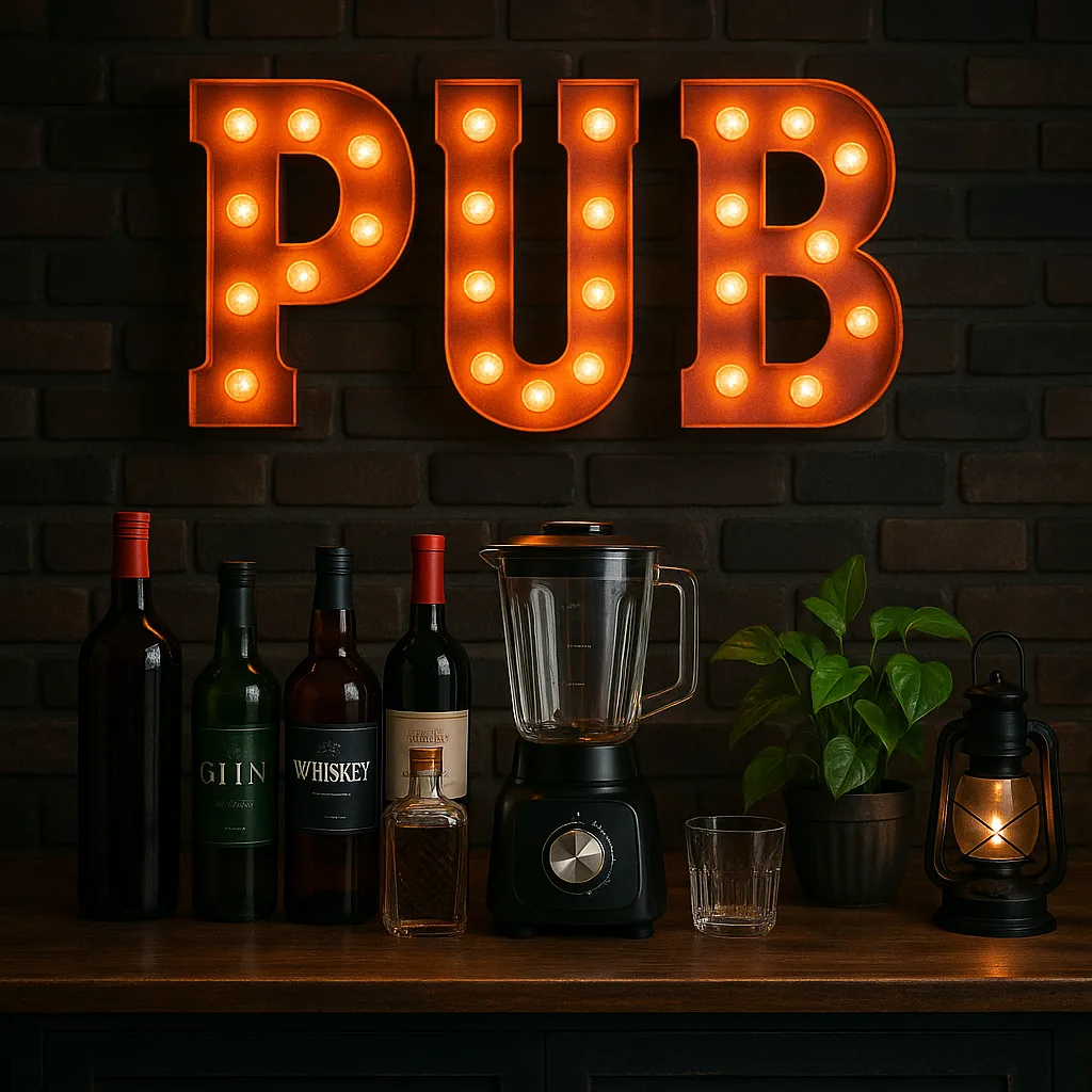 Small Bar Setup Featuring a "PUB" Sign