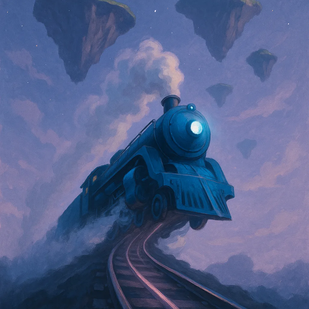 Sacred Bright Blue Streamlined Steam Locomotive Ascends