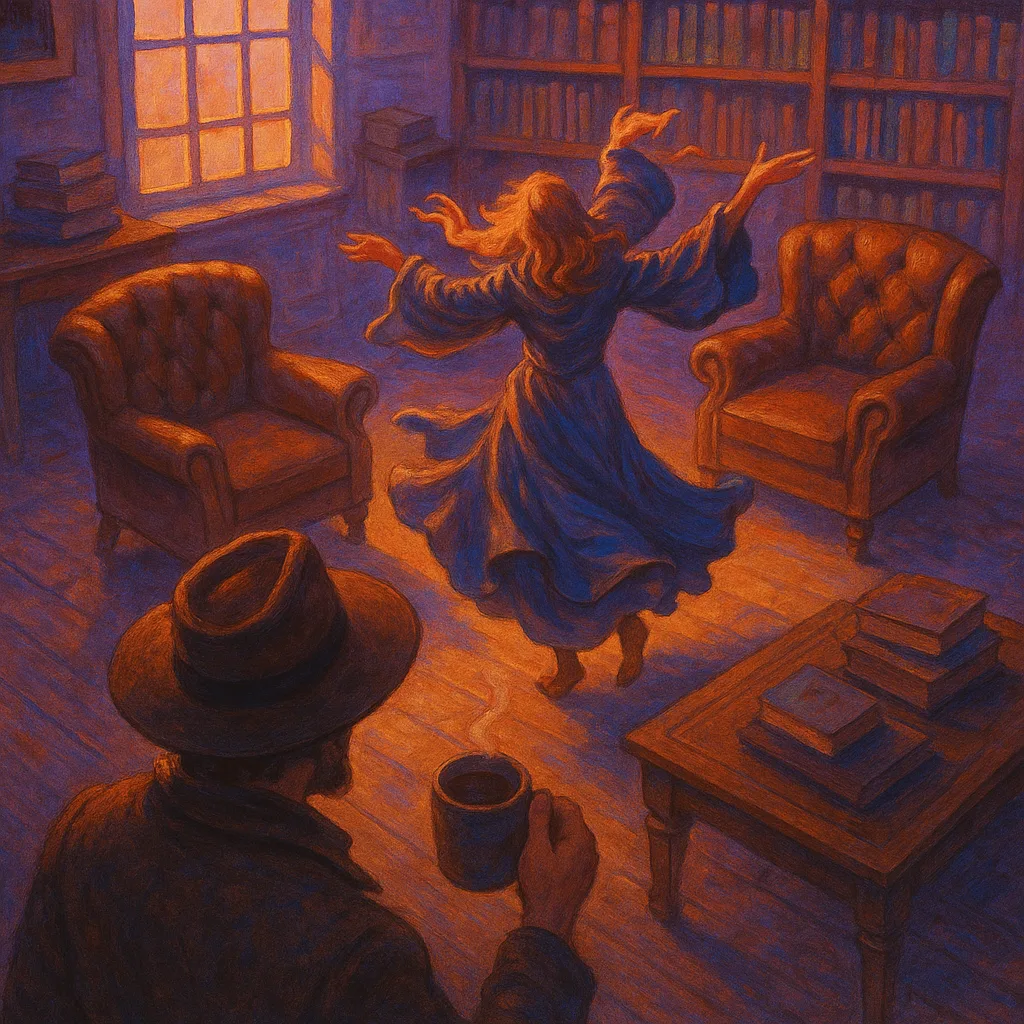 Hatted Figure Holding a Mug Watches Another in Flowing Robes