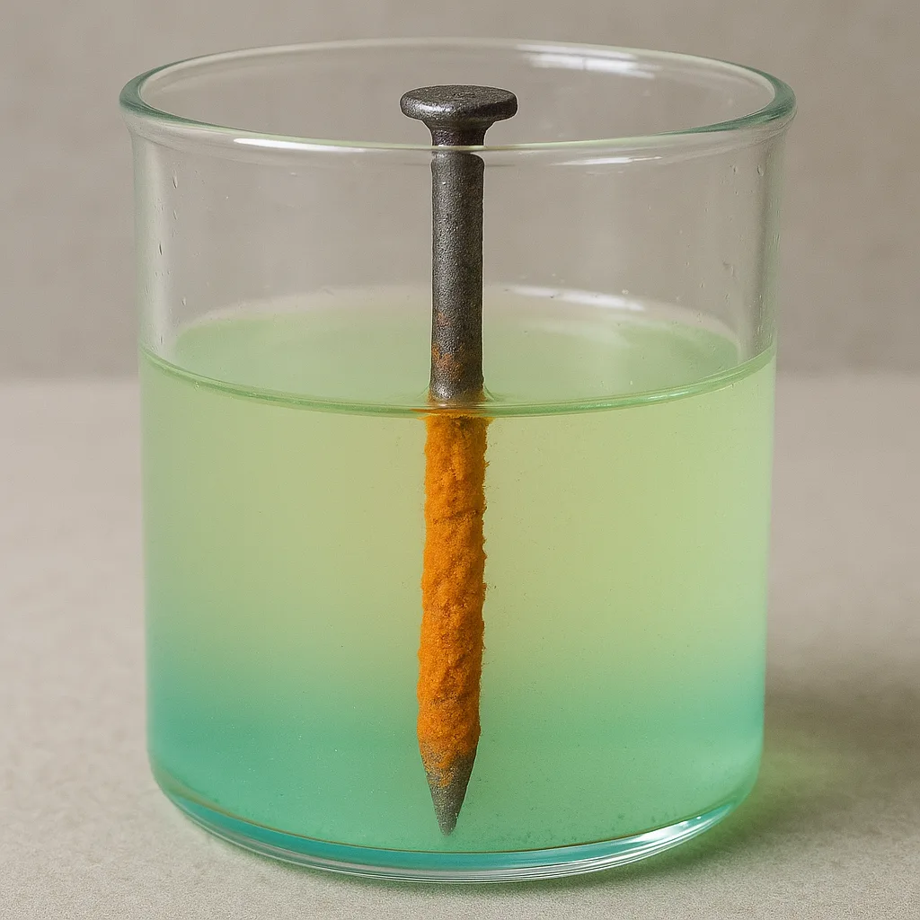 Steel Nail Placed in a Turquoise Copper Chloride Solution Begins