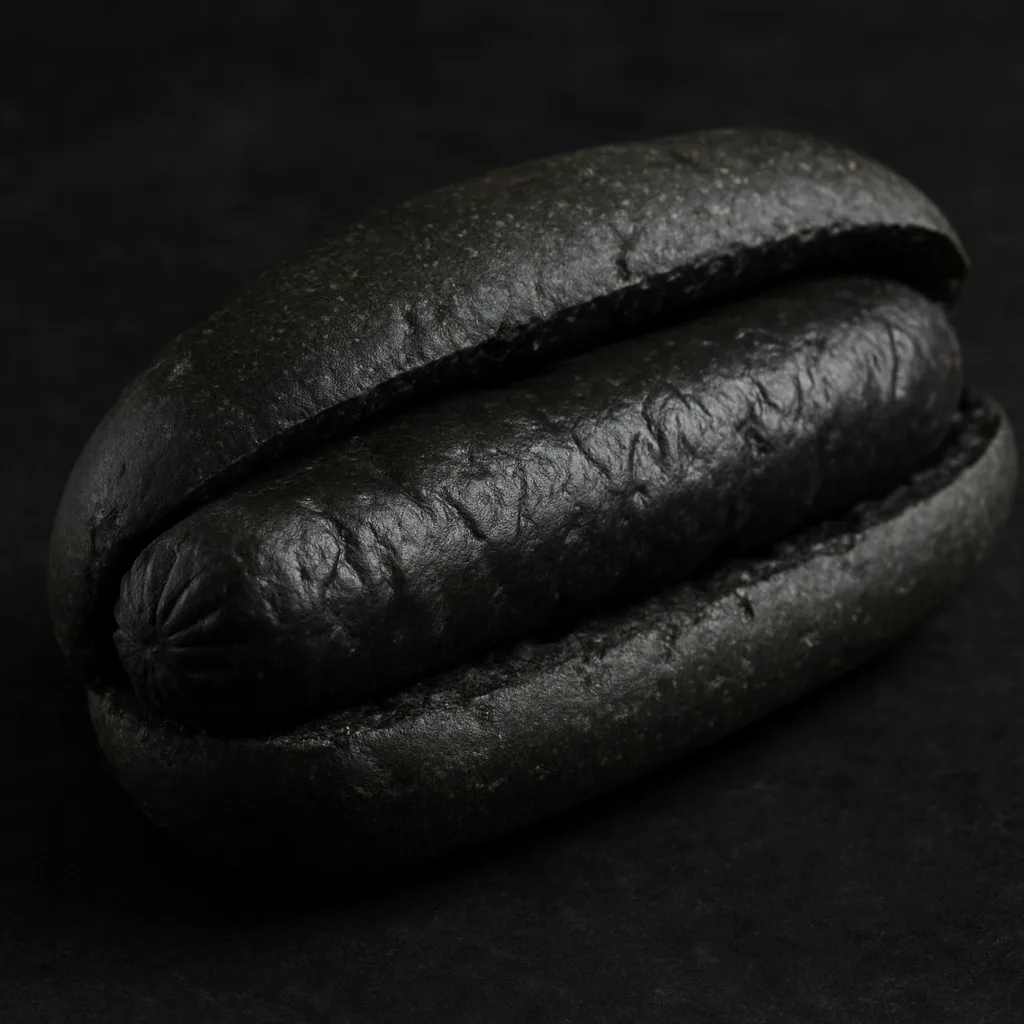 Dark Bun Holding a Sausage That Is Charcoal-gray in Color