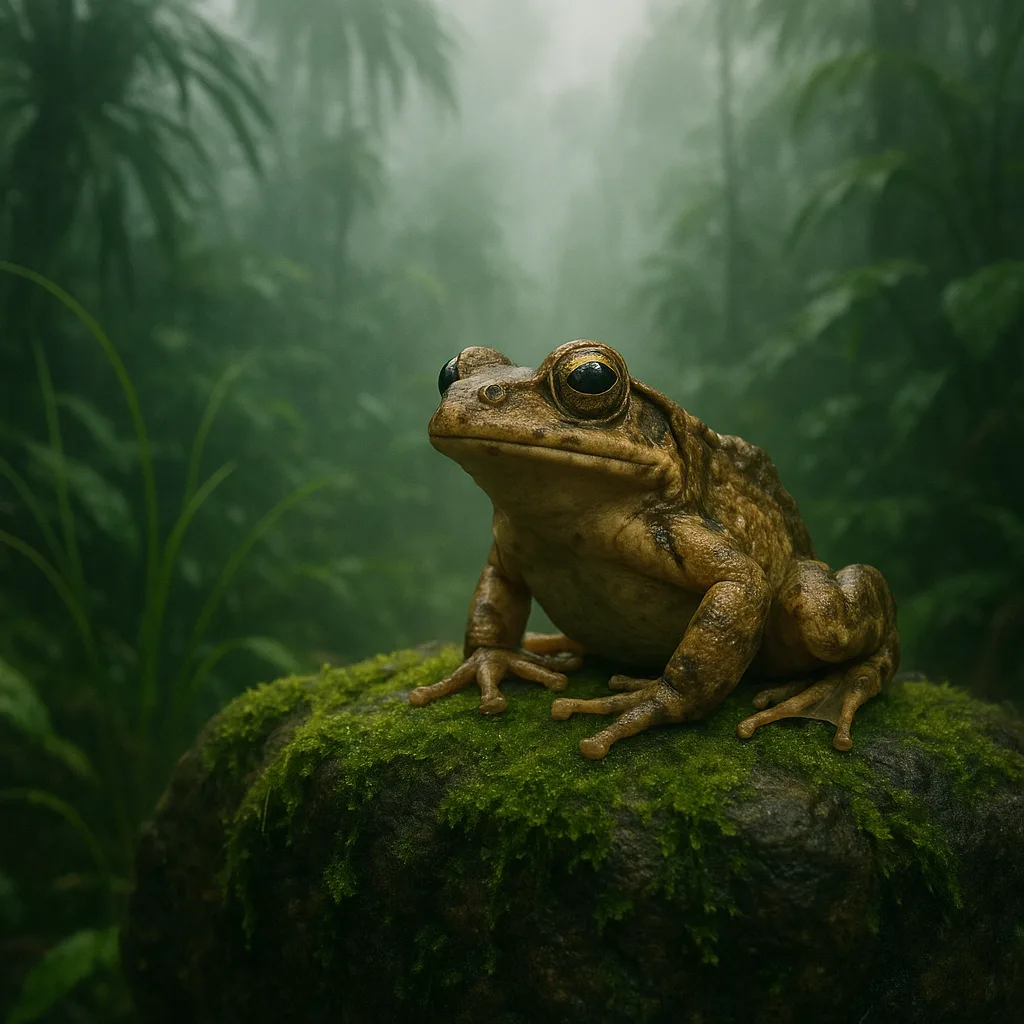 Frog Sitting Atop a Rock Covered in Moss