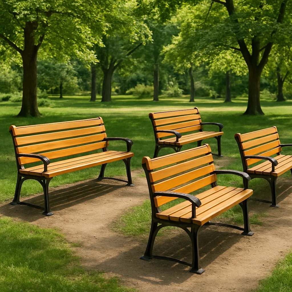 Park Environment with Four Wooden Benches Arranged Within the Scene