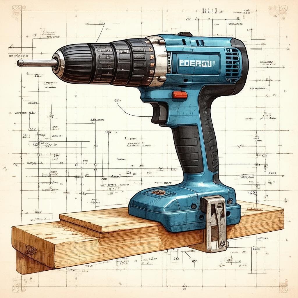Annotated Scientific Illustration of a Power Drill