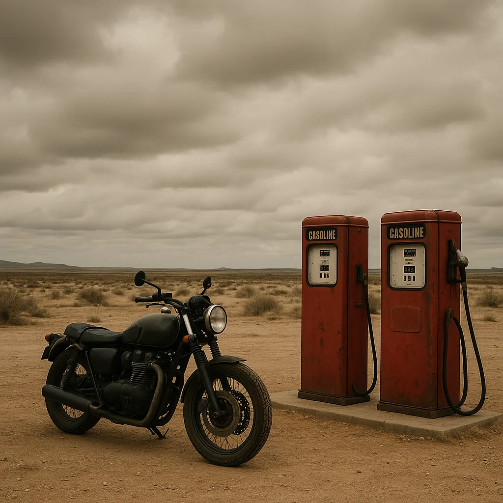 Lone Motorcycle Parked Beside Vintage Gas Pumps in a Sparse