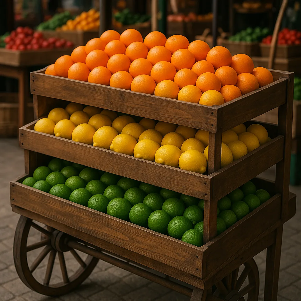 Wooden Cart with Three Tiers Displaying Oranges