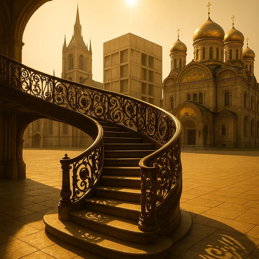 Ornate Spiral Staircase Leading to a Mezzanine Level Forms