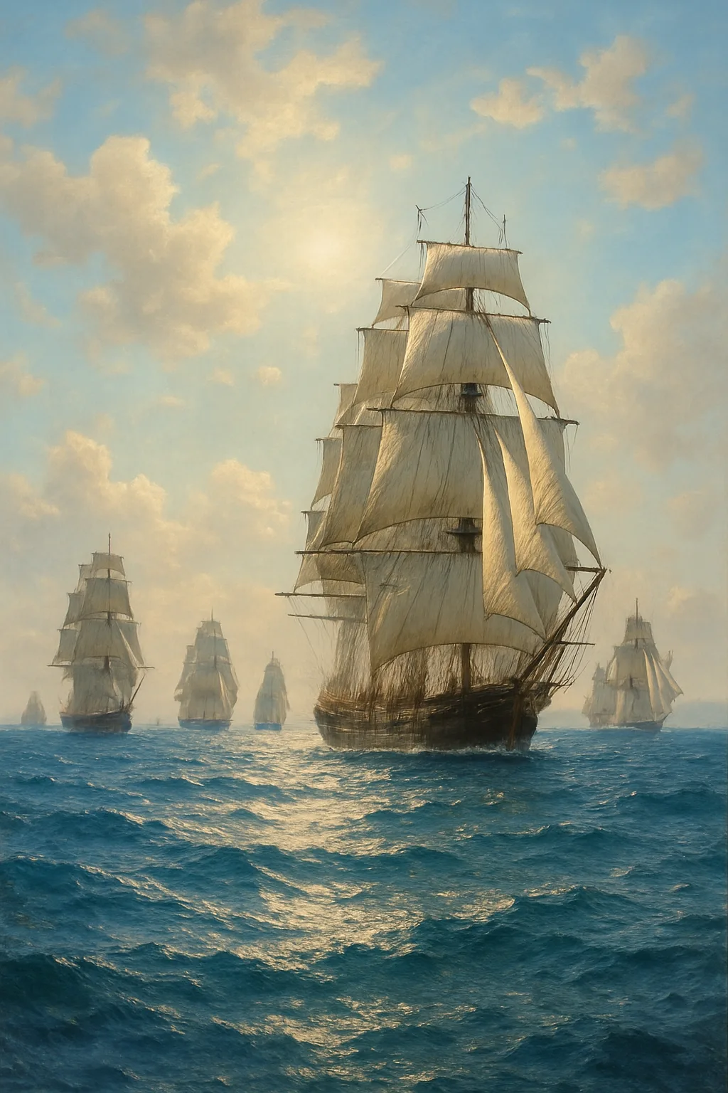 Scattered Fleet of Majestic Tall Ships with Full Sails Glides