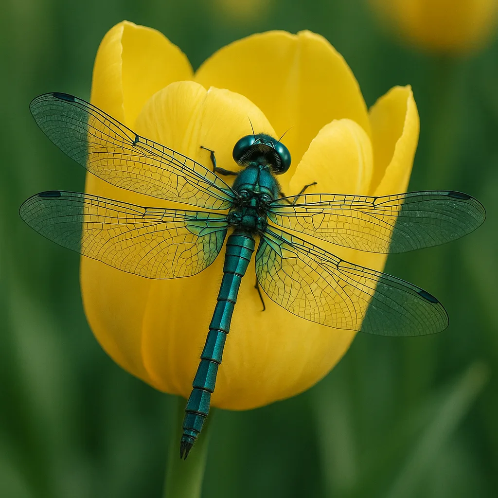 Yellow Tulip Serves as the Perch for a Teal Dragonfly