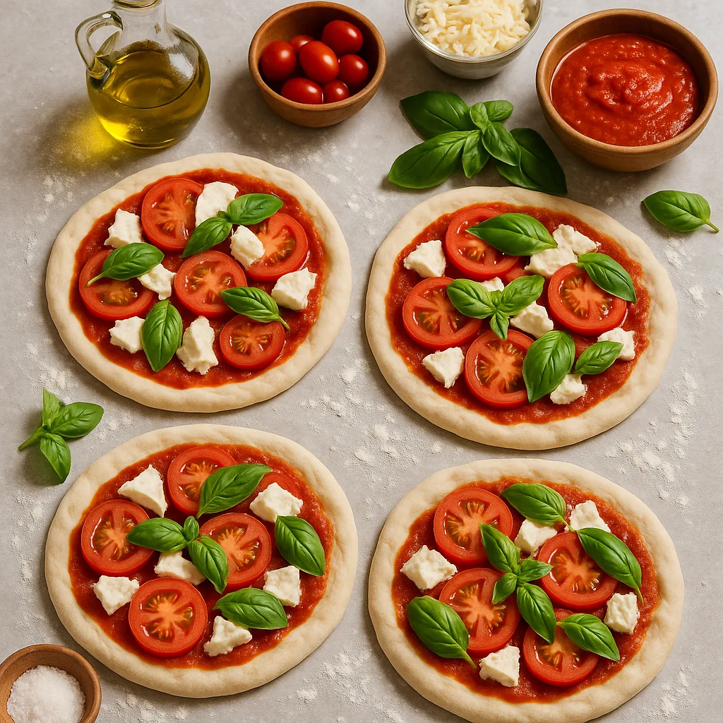 Countertop with Several Uncooked Pizzas Being Prepared Alongside Various Ingredients