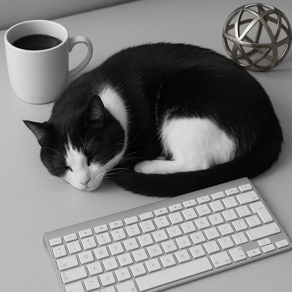 Black-and-white Cat Curled Up Next to a Keyboard