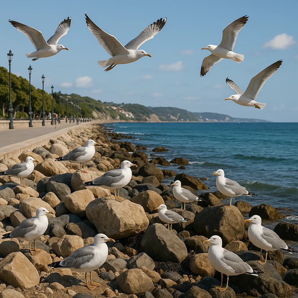 Seagulls Flying and Resting on a Rocky Beach