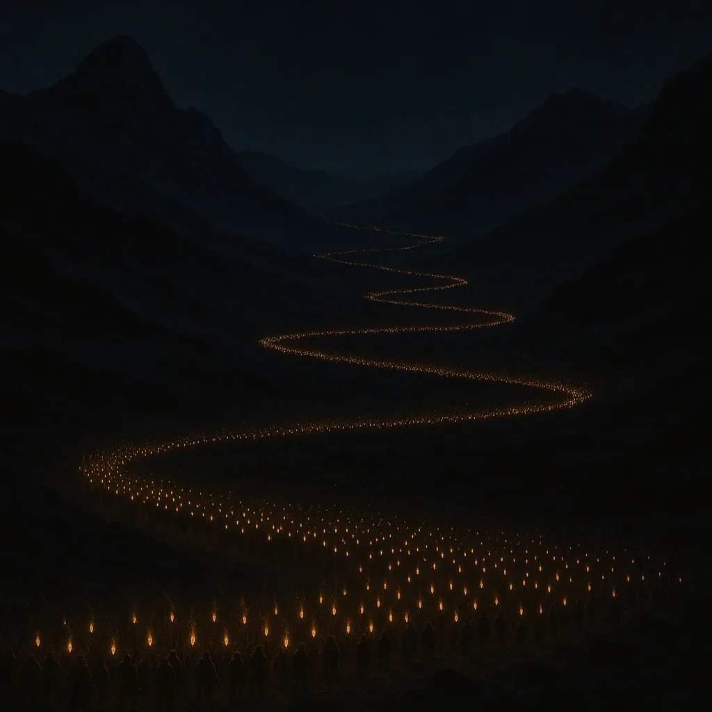 Thousands of Distant Torches Carried by an Unseen Army Snake