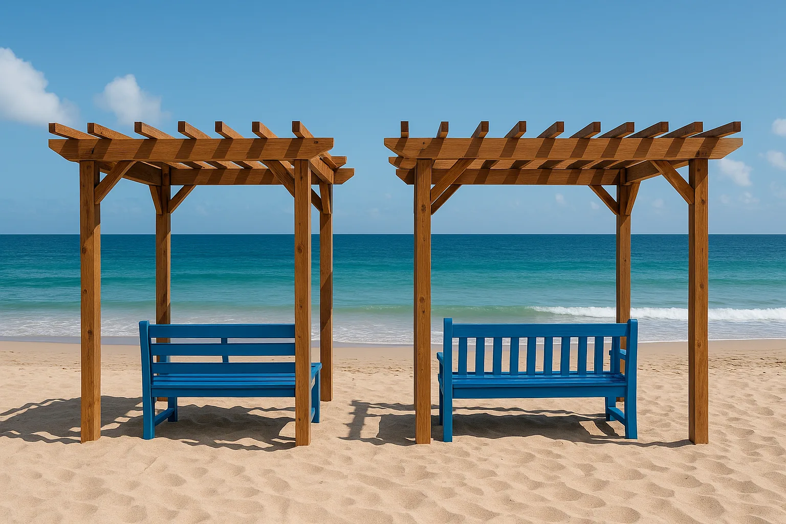 Two Wooden Pergolas with Blue Benches Beneath Them