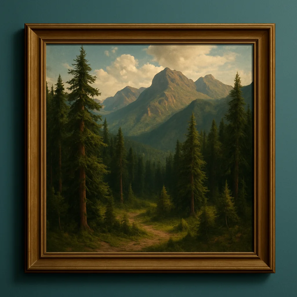 Large Framed Oil Painting Depicting a Mountain Range