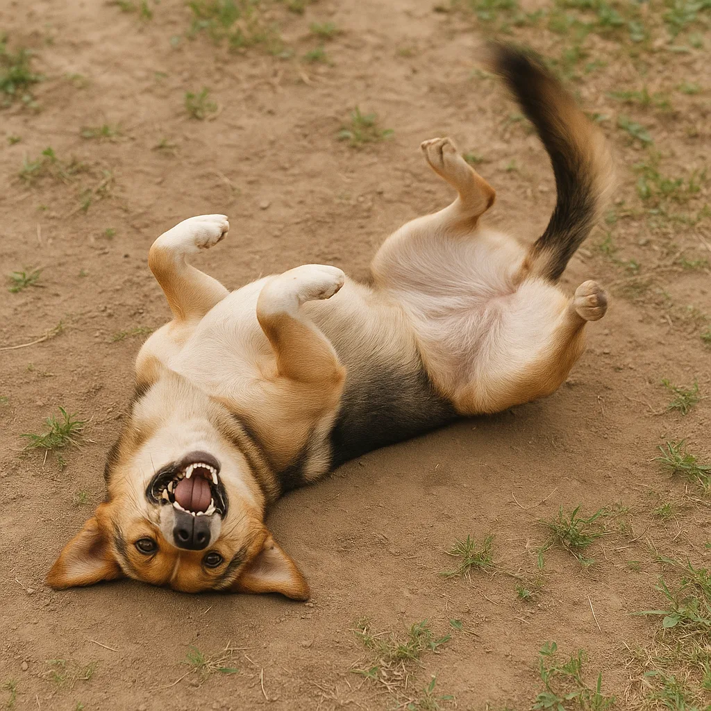 Playful Dog Is Joyously Rolling on the Ground