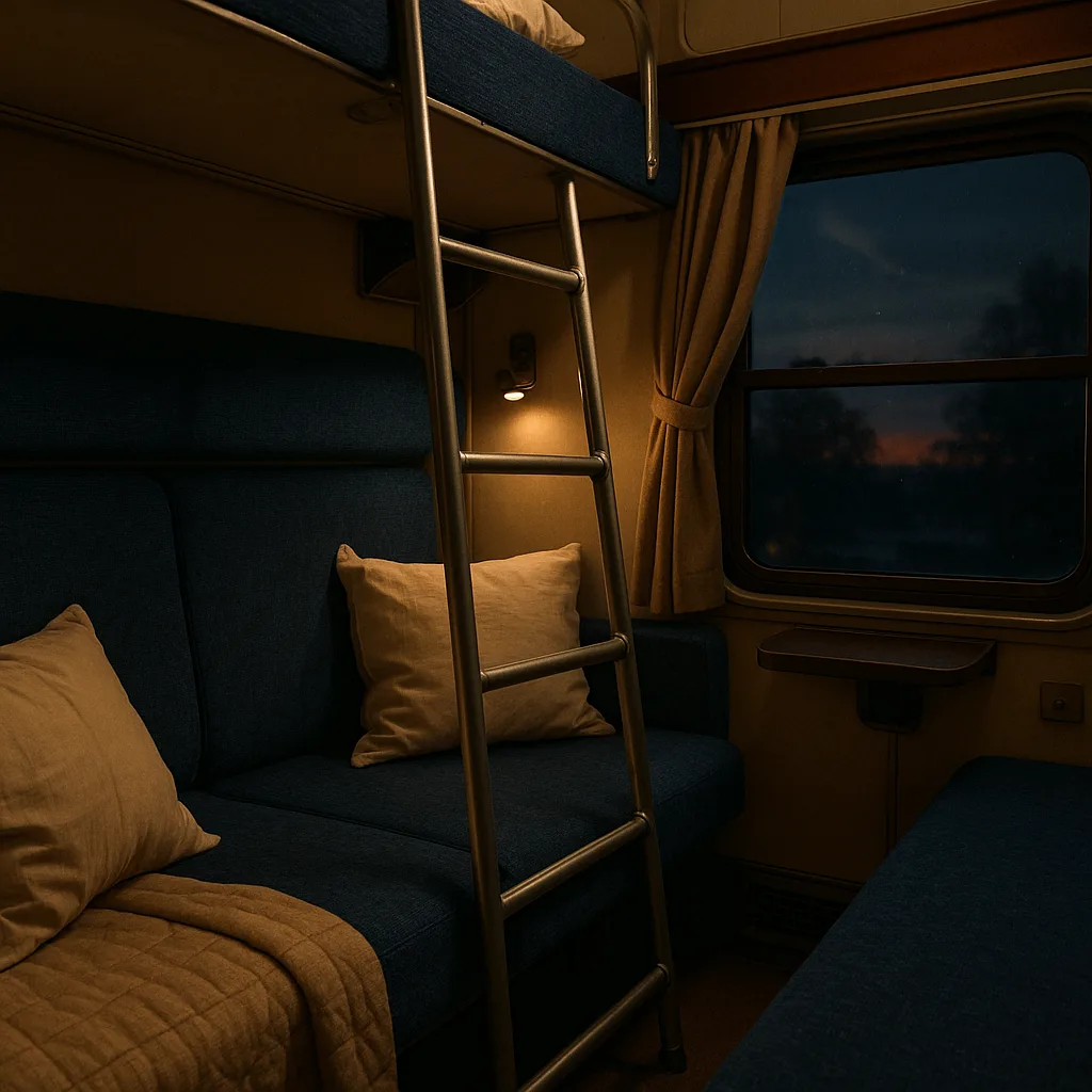 Cozy Train Sleeper Compartment with Blue Seats