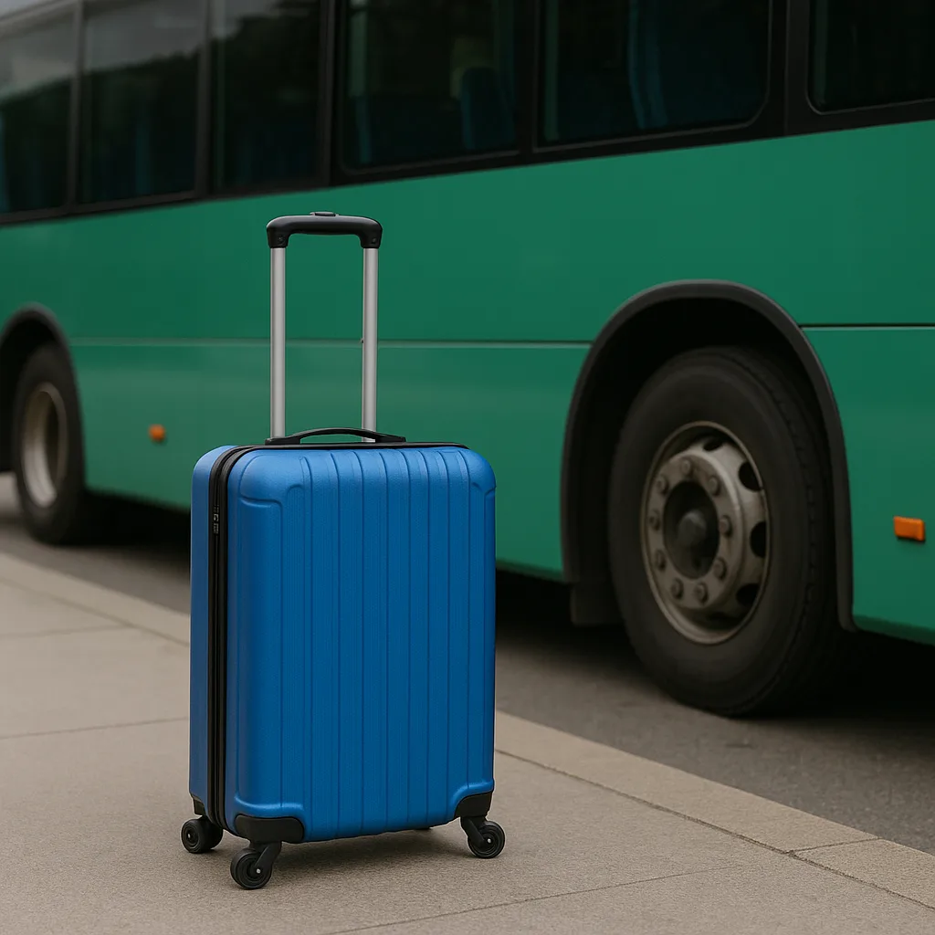 Green Bus with a Blue Suitcase Positioned Beside It