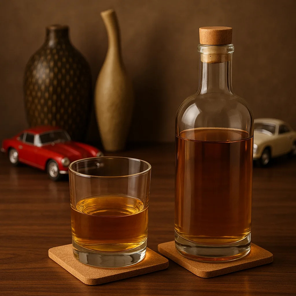 Glass of Golden Liquid Alongside a Bottle on Coasters
