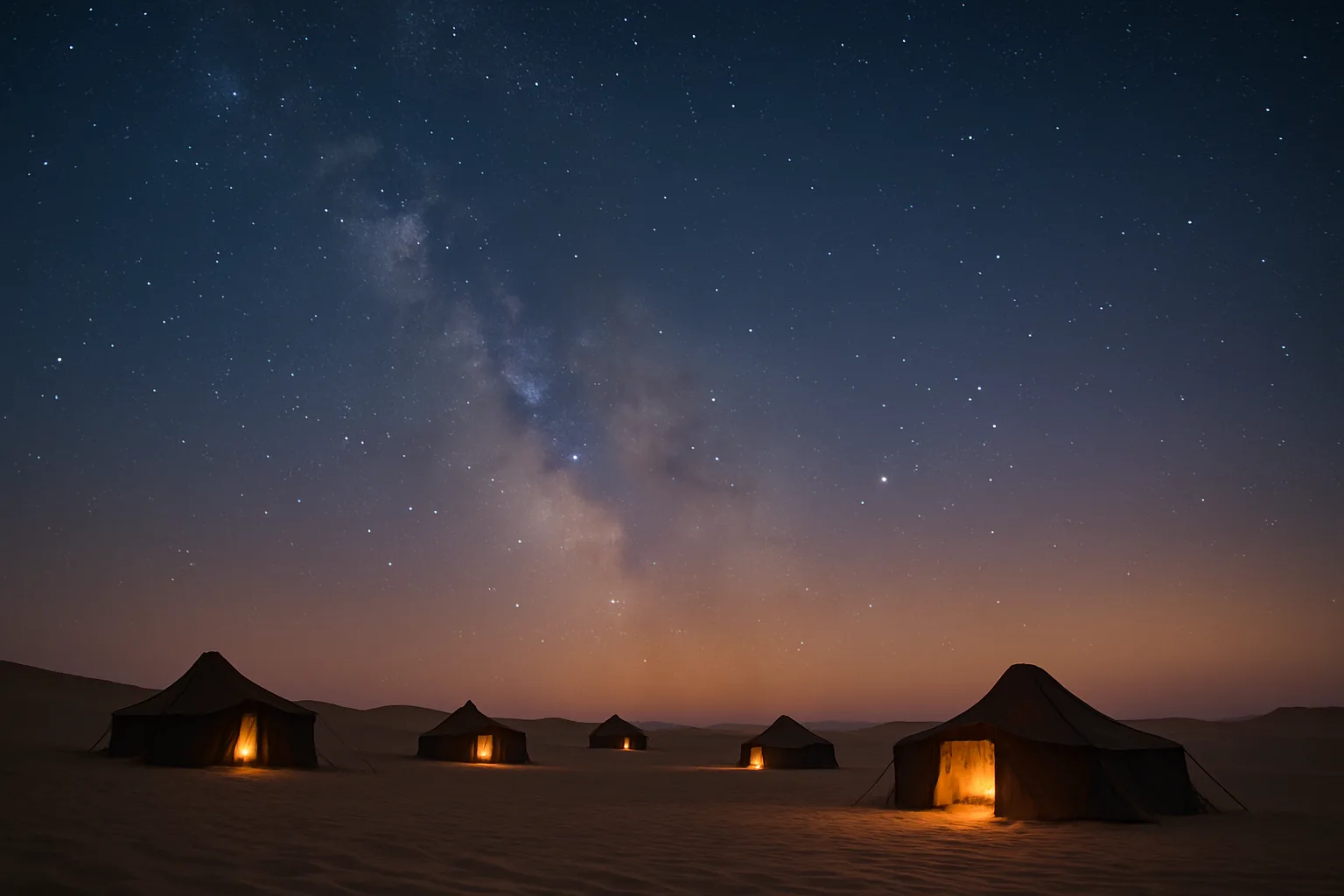 Scattered Handful of Nomadic Tents Glows Faintly under a Vast