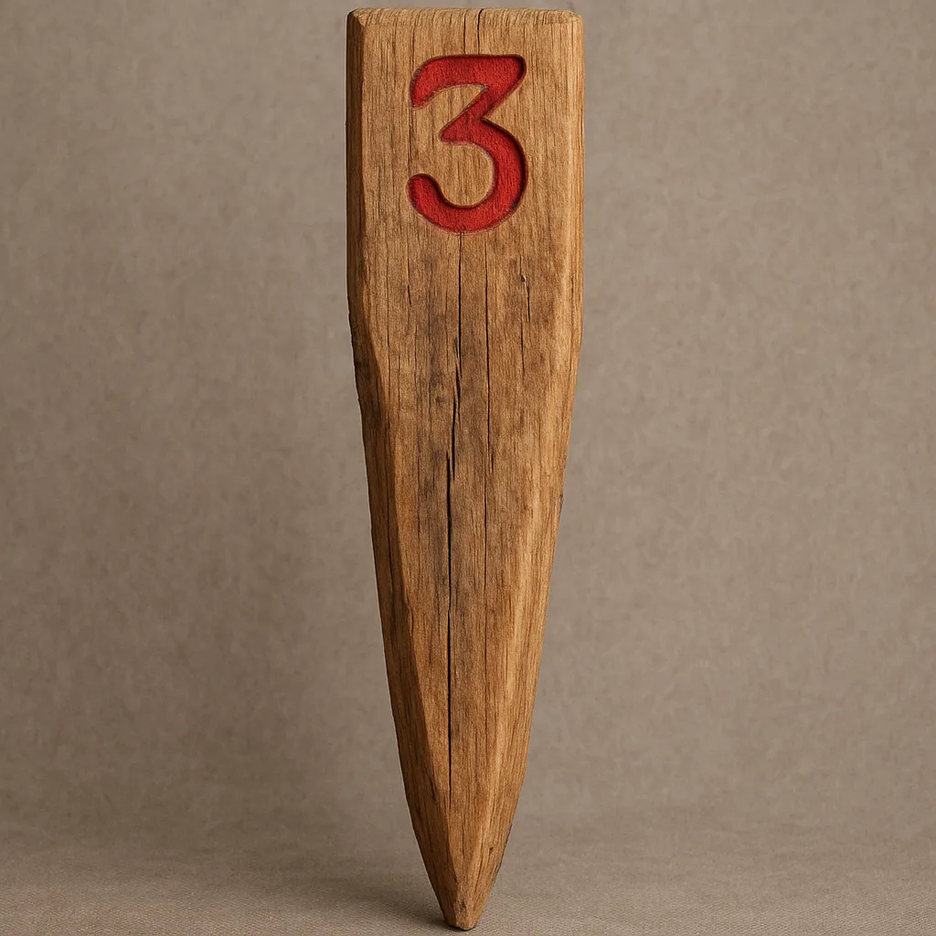 Stake Made of Wood Featuring an Engraved Red Numeral '3'