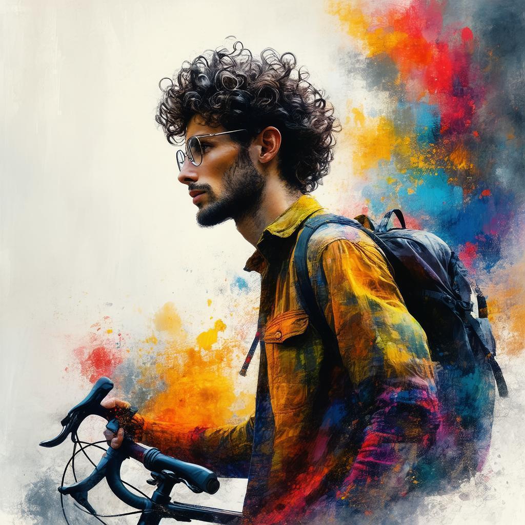 Curly Haired Cyclist in Bold Expressive Brushstrokes