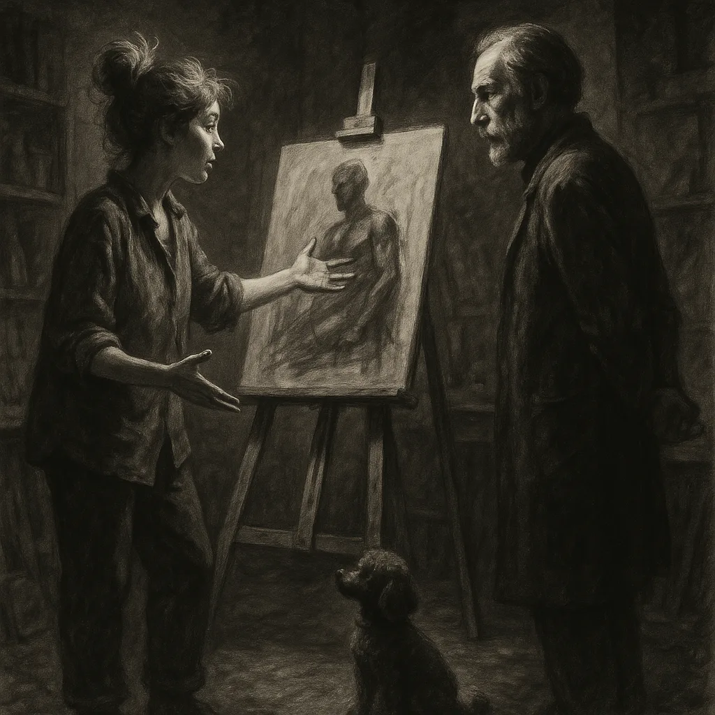 Messy-bunned Artist Gestures Towards an Easel