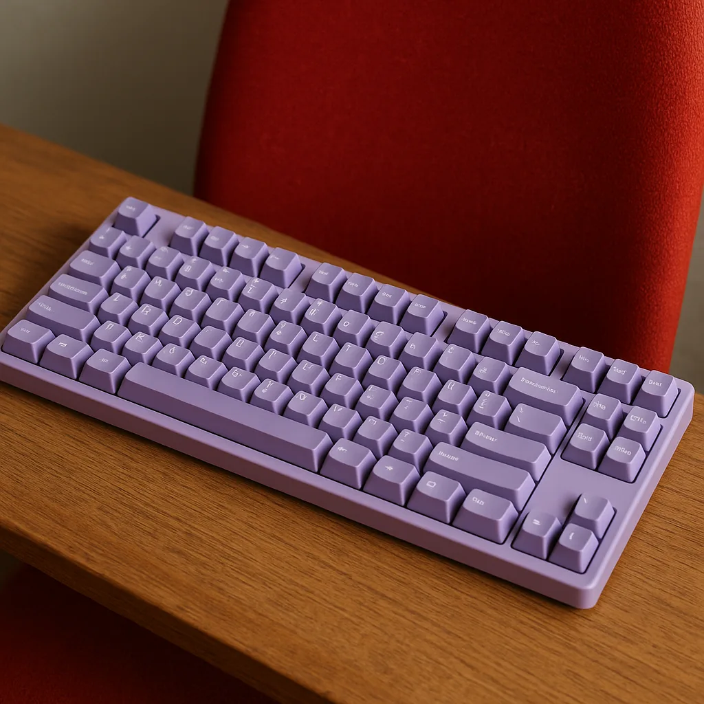 Keyboard in Lavender Color Alongside a Chair in Crimson Hue