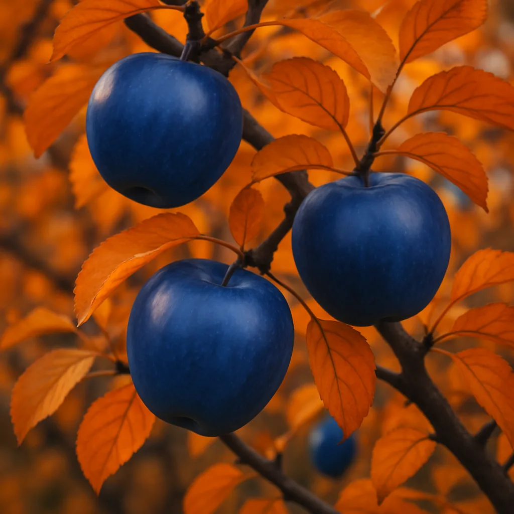 Tree Adorned with Golden-orange Foliage and Indigo Apples