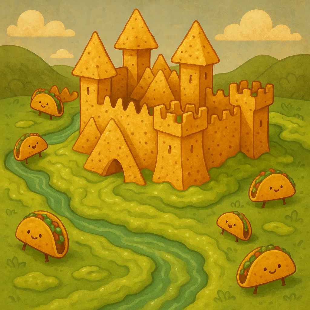Castle Constructed from Nacho Chips Stands Encircled by a River